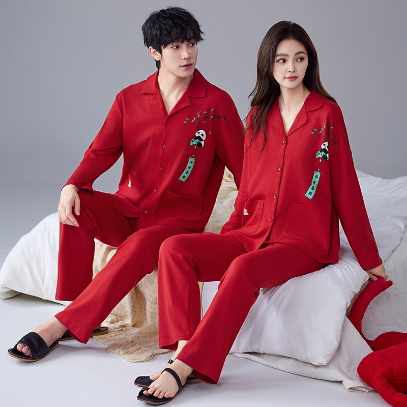 Pijama de algodón femenino primavera y otoño manga larga suelta boda recién casada festiva ropa de casa de hombre rojo pareja dos conjuntos