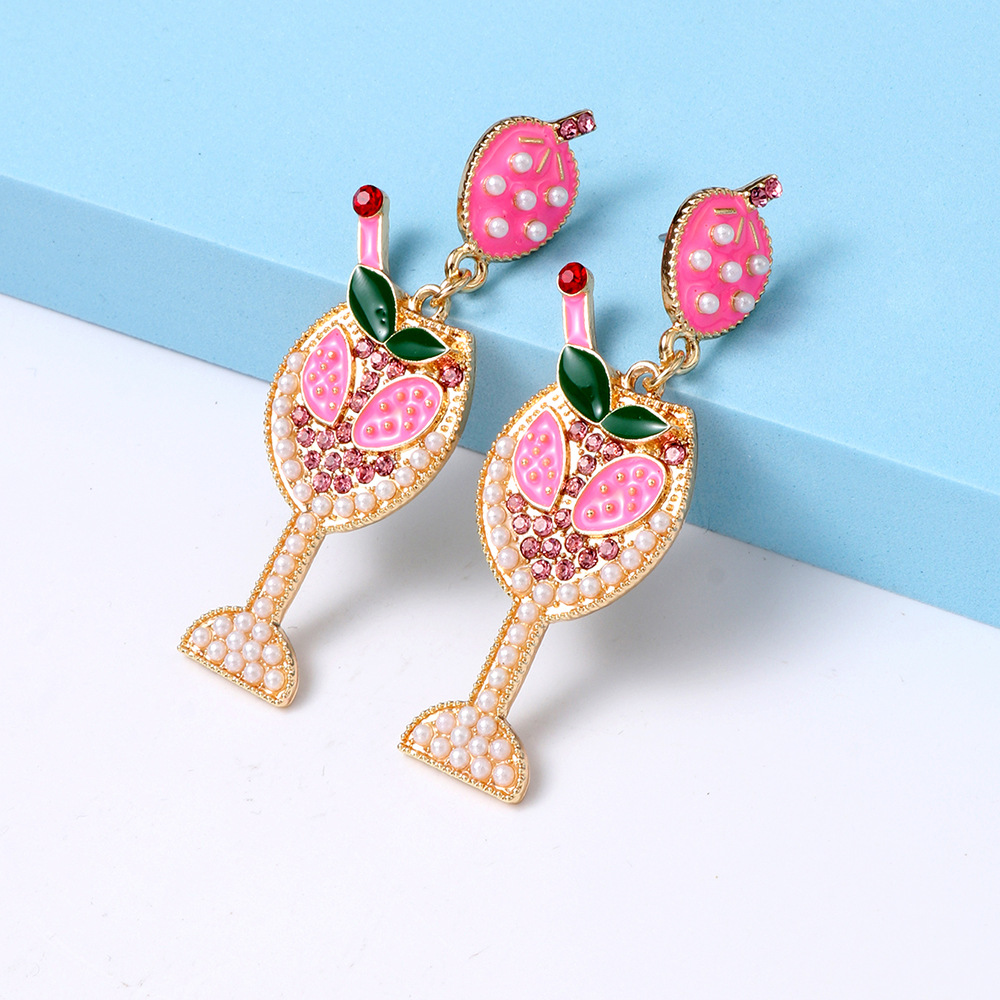 Fashion Wine Glass Alloy Inlay Artificial Pearls Rhinestones Women's Earrings 1 Pair display picture 6