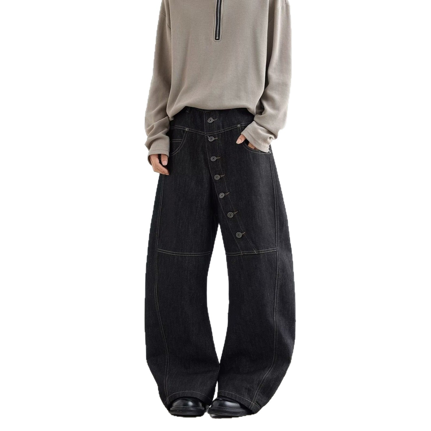 Men's Clothing Retro Patchwork Black Jeans For Unisex Plus Size Elastic Waist Loose Fit Slimming Versatile Spring Casual Denim_voghion.com
