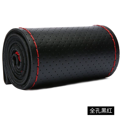 Real cowhide car steering wheel Steering wheel cover - full-hole-black-red-38cm