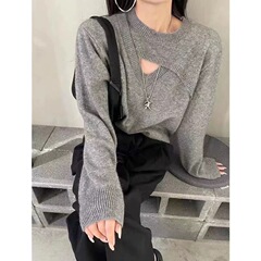 纯欲风针织打底衫女2025秋冬圆领镂空设计感内搭软糯显瘦毛衣批发