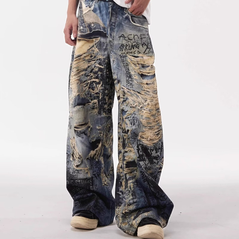 Graffiti Destroyed 3D Digital Distressed Jeans Men's American Street Niche Design Straight-Leg Leg Loose Wide Leg Pants