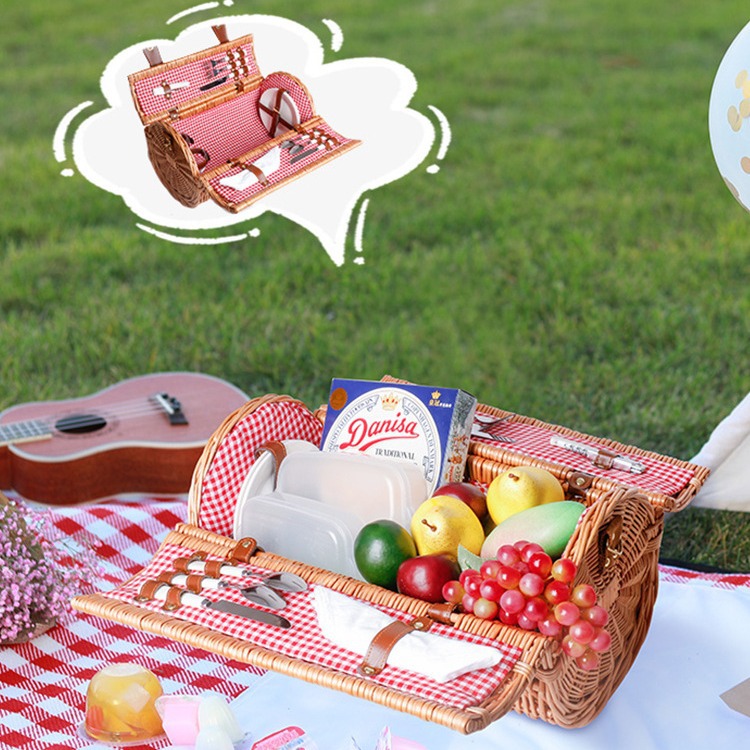 Fábrica en stock de sauce de caña de mano con cubierta cesta de regalo primavera con cubiertos pastorales ins cesta de picnic al aire libre