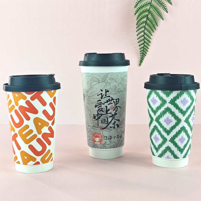 Coffee Cup for Takeaway, Milk Tea Cup with Lid, Hollow Double-Layer Anti-Scald Paper Cup, Food-Grade, Specially Designed for Milk Tea Shops