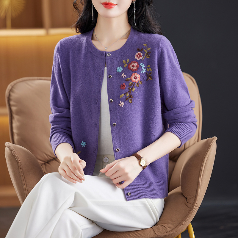 Middle-aged mother's autumn sweater coat middle-aged and elderly cardigan women's sweater outer pure wool sweater