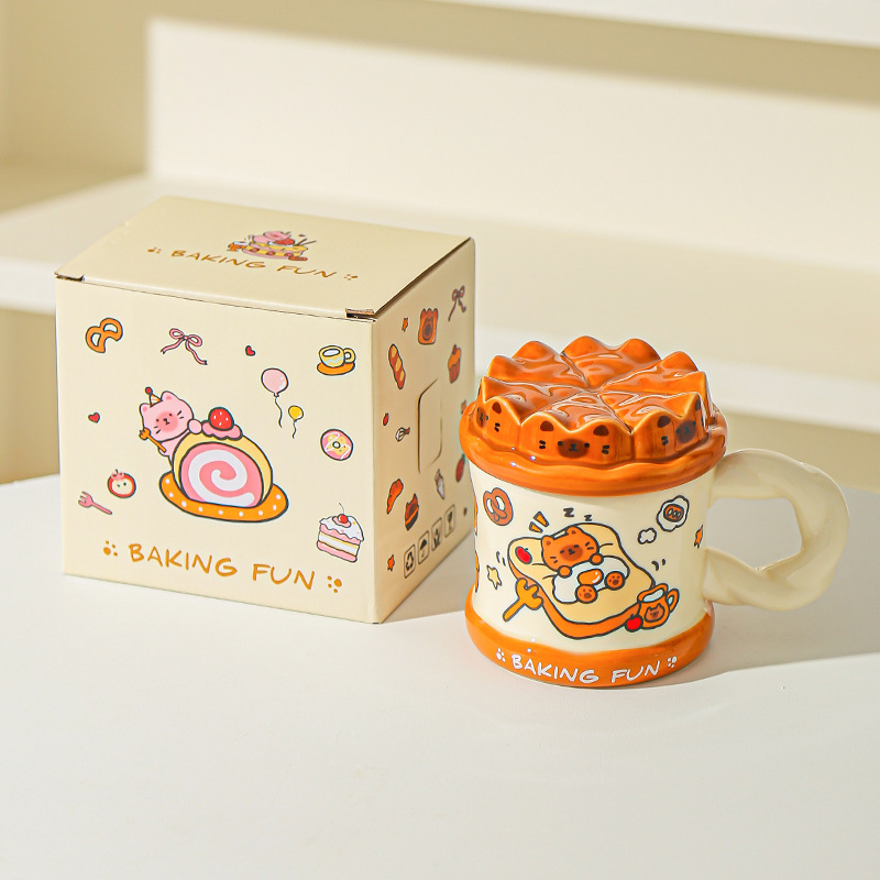 Tarta de cumpleaños pintada a mano, taza de gato, taza de cerámica de alta calidad con cubierta, taza de agua para niñas, taza de cerámica para parejas