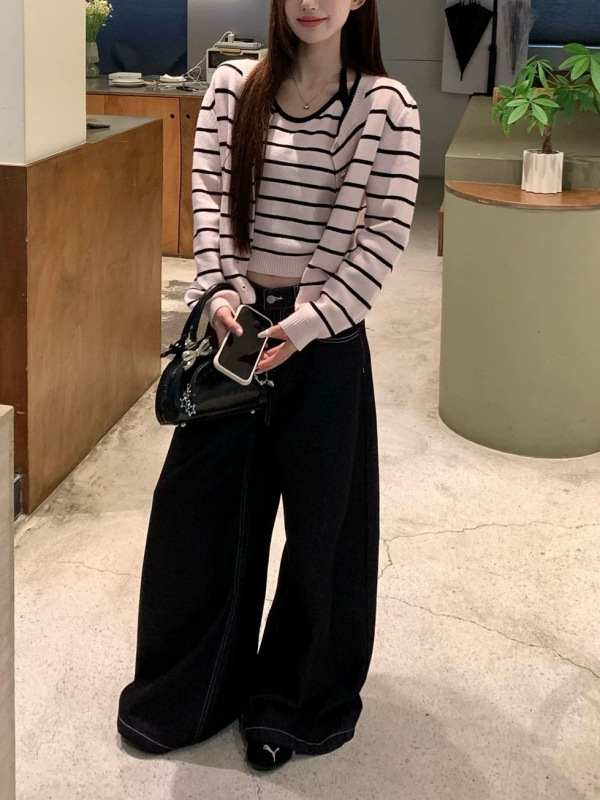 粉色条纹针织开衫两件套女秋季2025新款配吊带韩系独特上衣|undefined