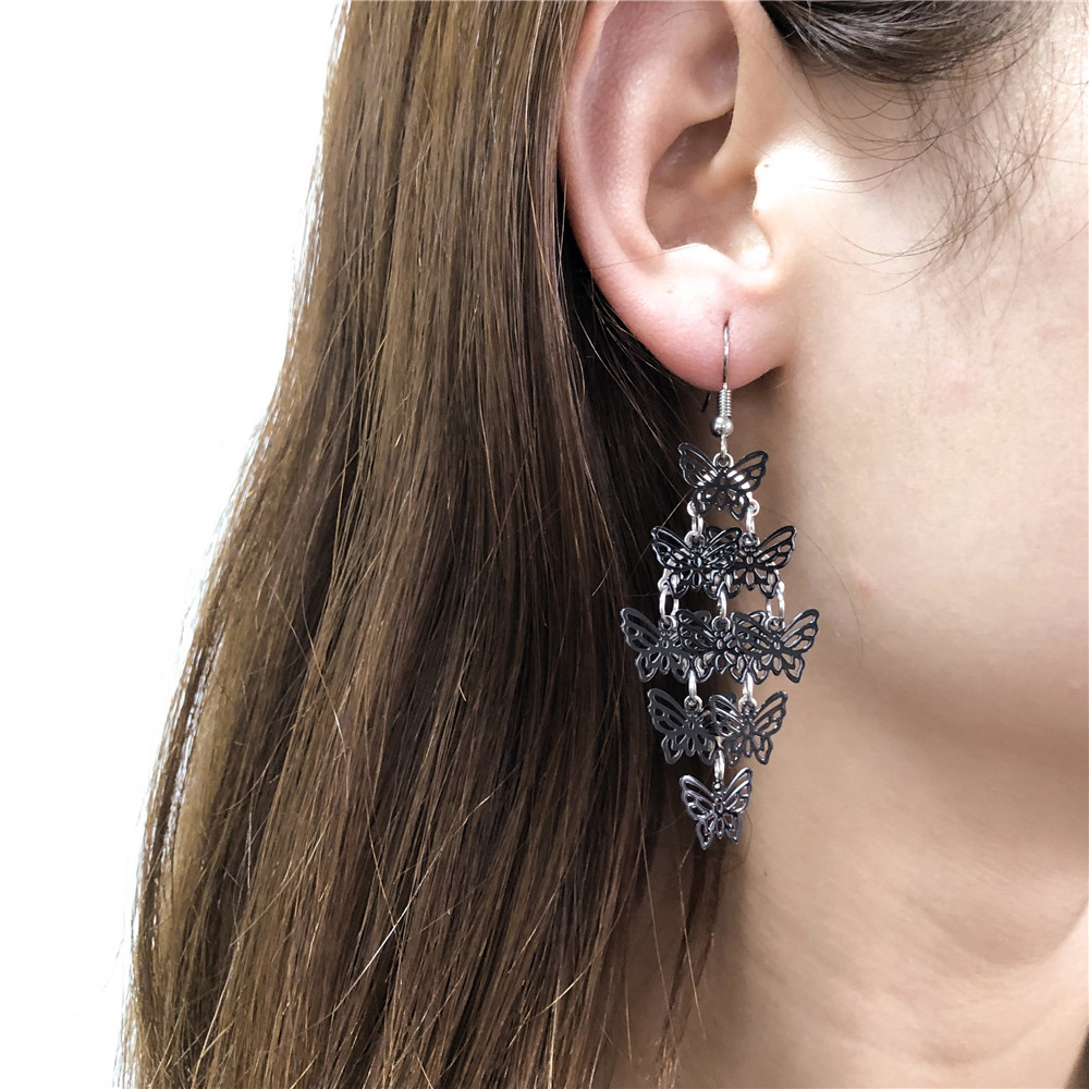 Wholesale Jewelry Black Multi-layer Butterfly Tassel Earrings Nihaojewelry display picture 4