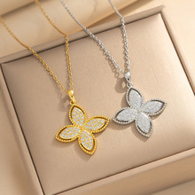 钛钢项链镶钻四叶草项链女日韩饰品吊坠幸运草锁骨链厂家直供批发