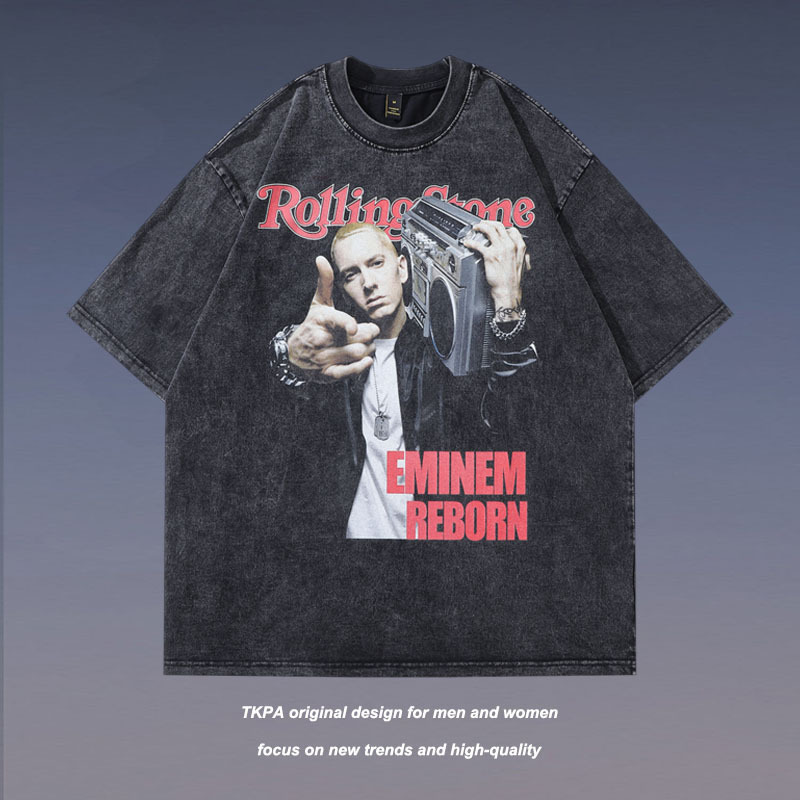 Tkpa Eminem Portrait Print Vintage Short-Sleeved T-Shirt Men's American Hip-Hop Retro Distressed Half-Sleeved Tee Shirt Loose Fit