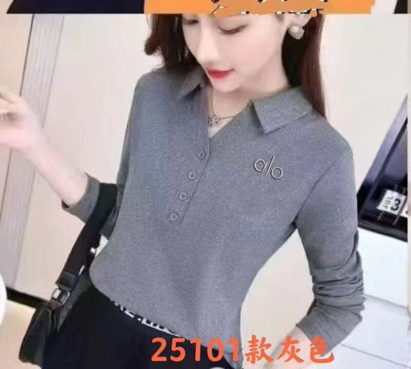 一件代发长袖t恤女刺绣字母POLO领打底衫2025春秋季新款纯色上衣|undefined