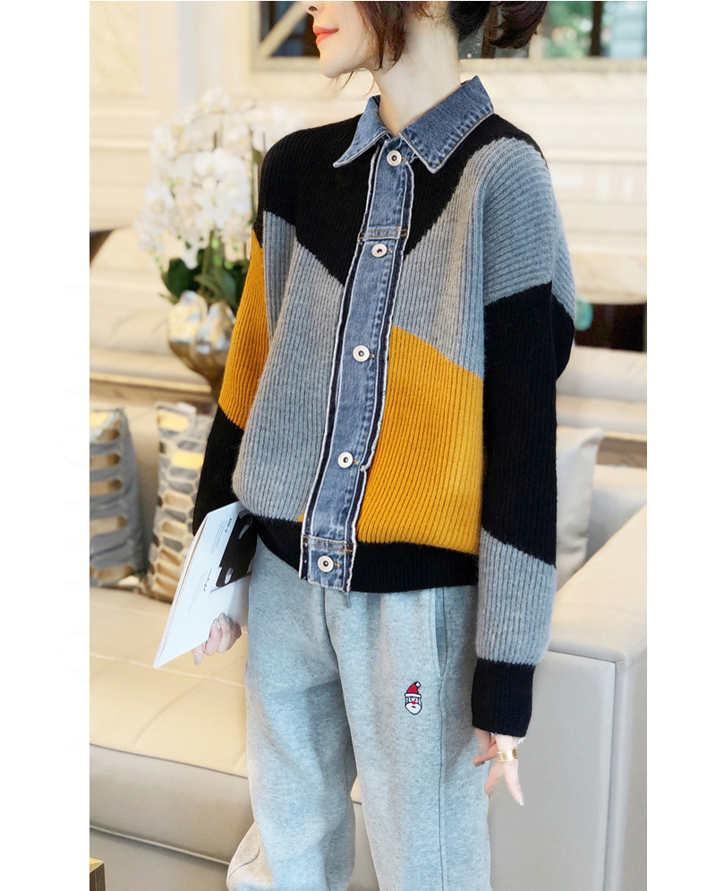 Women's Clothing 2023 autumn new version long sleeved lapel color matching two piece cardigan women's jacket denim_voghion.com