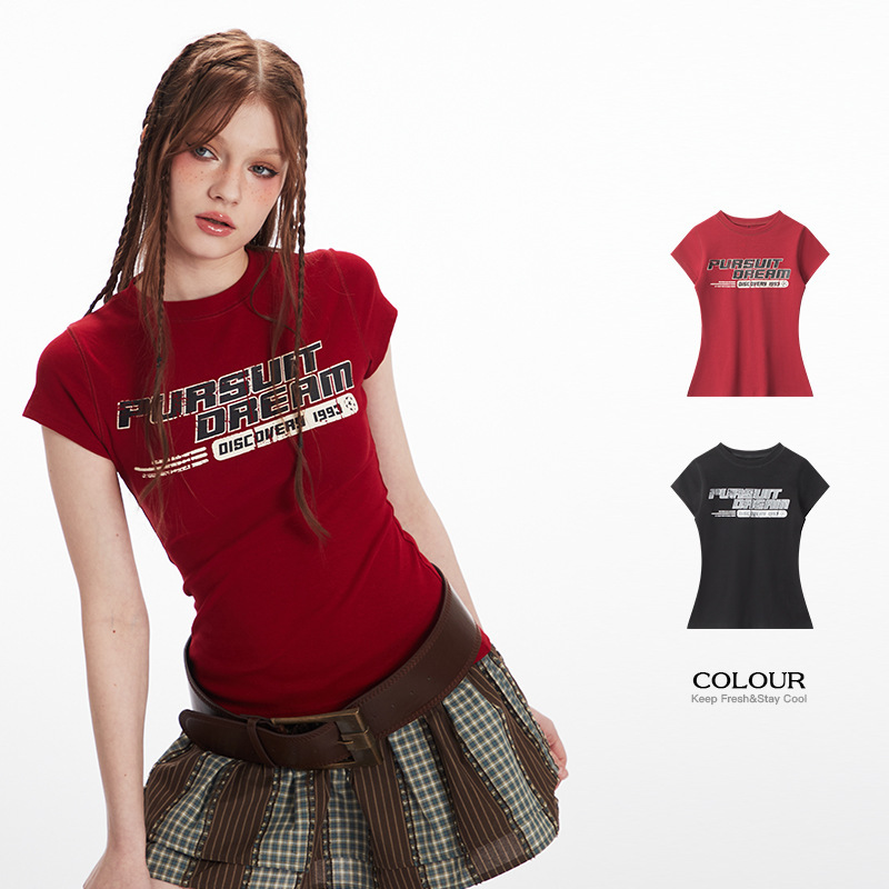 HeyHenry European and American Niche Letter Printing Round Neck Spice Girls All-match Casual T-shirt Women's Slim-fit Short-sleeve Top