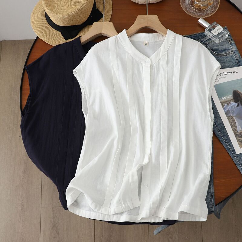 Simple Stand-Up Collar Pleated Double-Layer Cotton Gauze Sleeveless Shirt, New Summer Casual Slim-Fit Blouse for Women