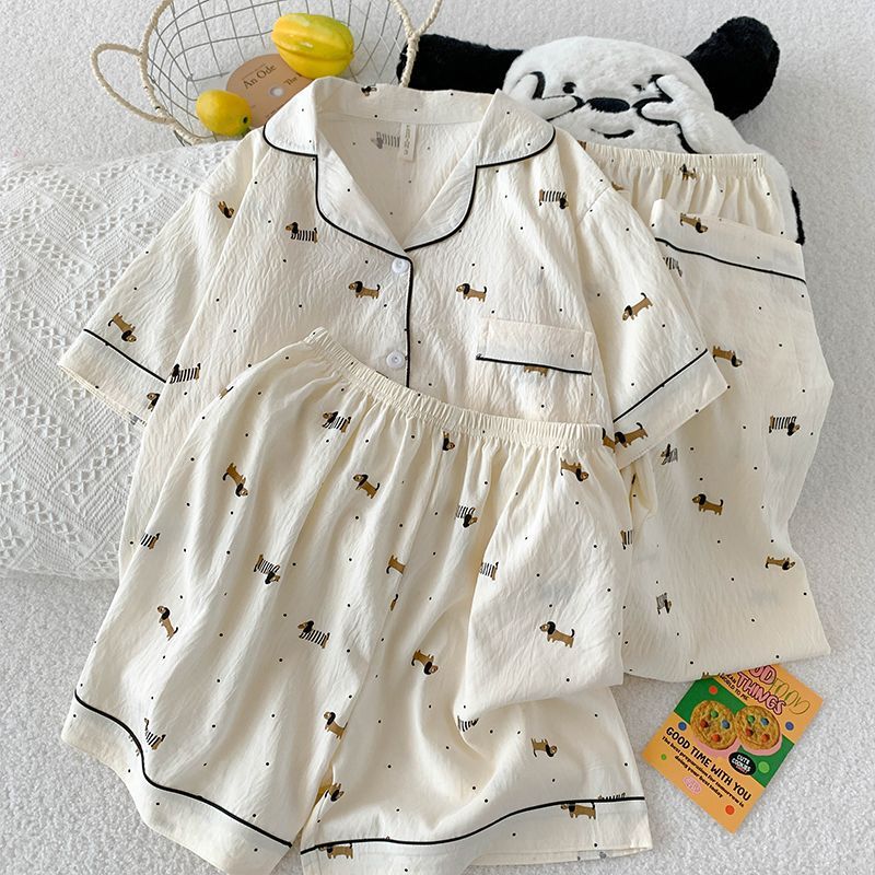 Verano nuevo estilo pijama mujer nube algodón 120g solapa cárdigan pantalones cortos de manga corta pantalones de tres piezas lindo servicio a domicilio