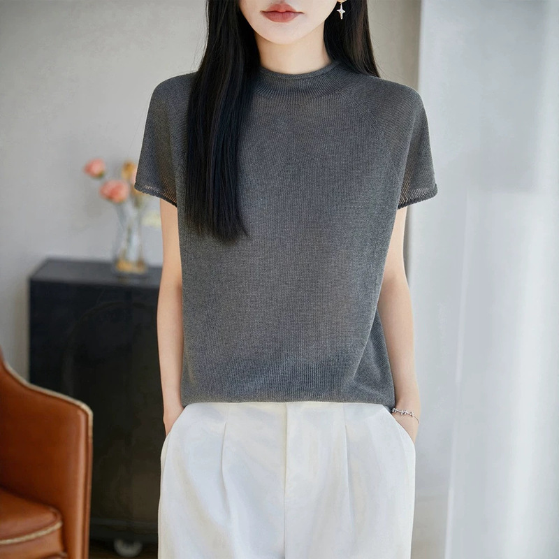 Cross-Border Wholesale Seamless Rolled-Edge Half-Turtleneck Women's Pullover Knitwear Short-Sleeve Pearl Linen T-Shirt for Women