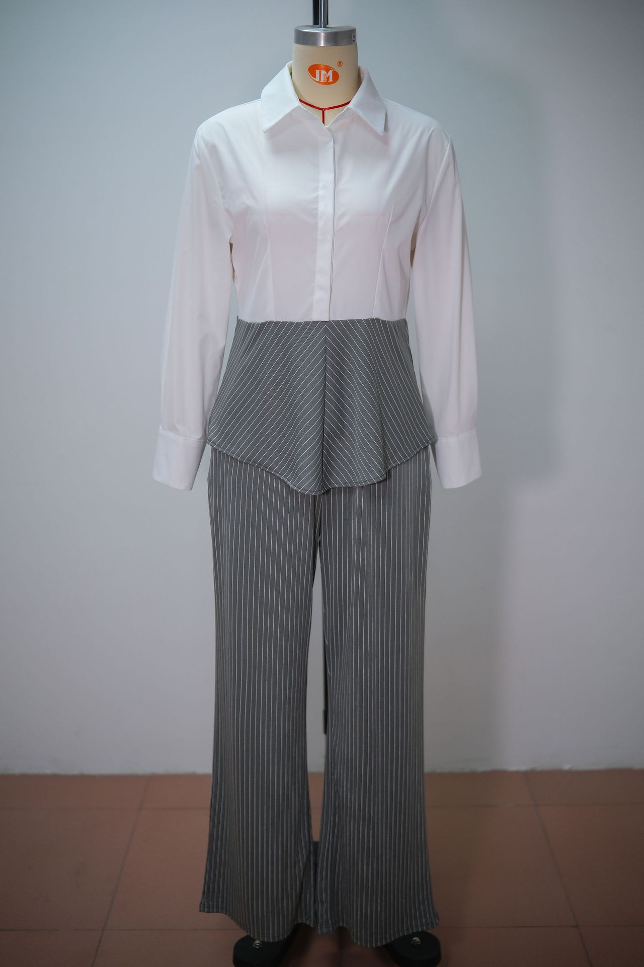Women's Spring Casual Lapel Shirt And Wide Leg Pants Set Striped Patchwork Suit American Style In Stock_ecoleips.com