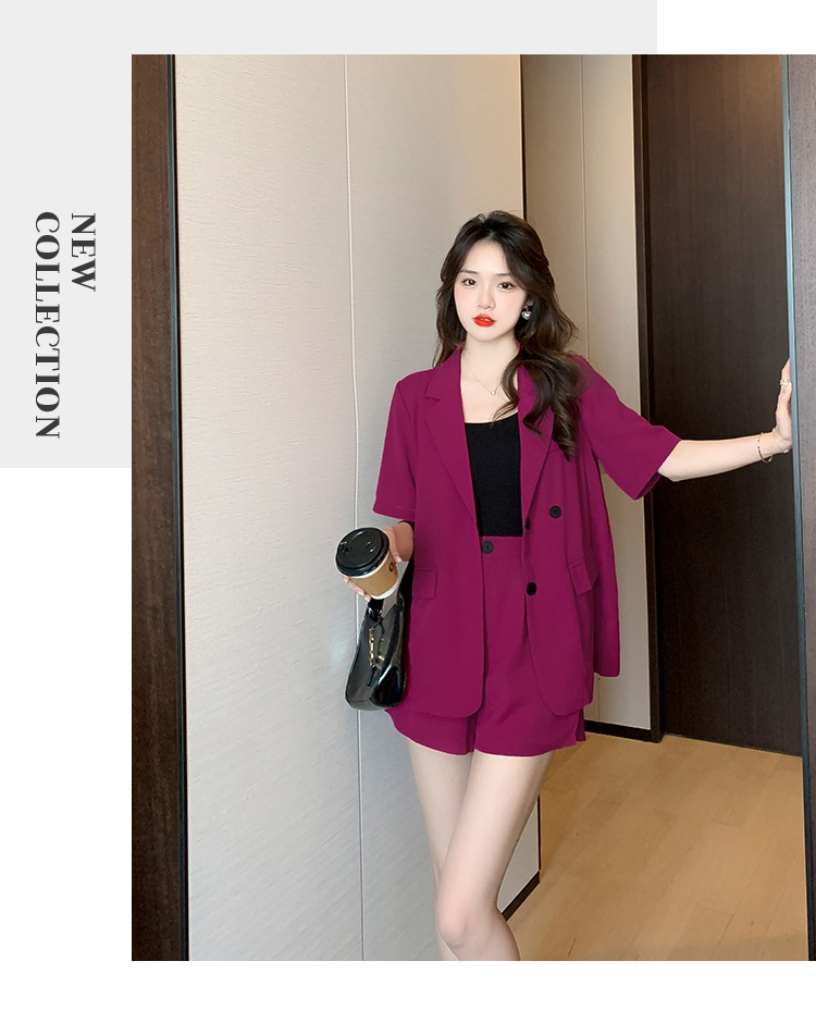 【中国直邮】HEY+JEANS 夏季新款气质短袖西装外套+高腰短裤两件套 玫红色 S