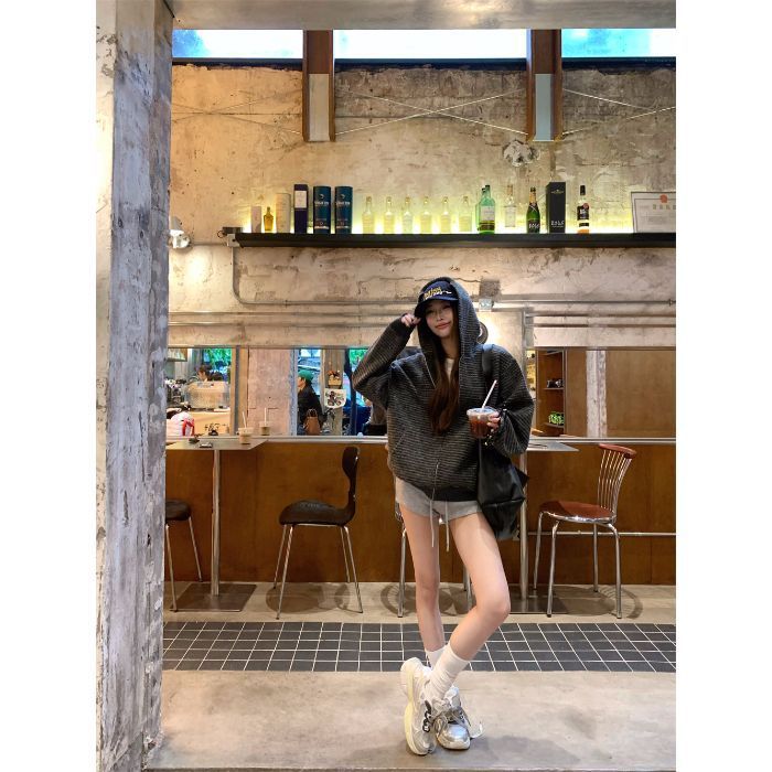 韩系慵懒风撞色条纹连帽拉链卫衣外套女秋季小众百搭宽松显瘦上衣|undefined