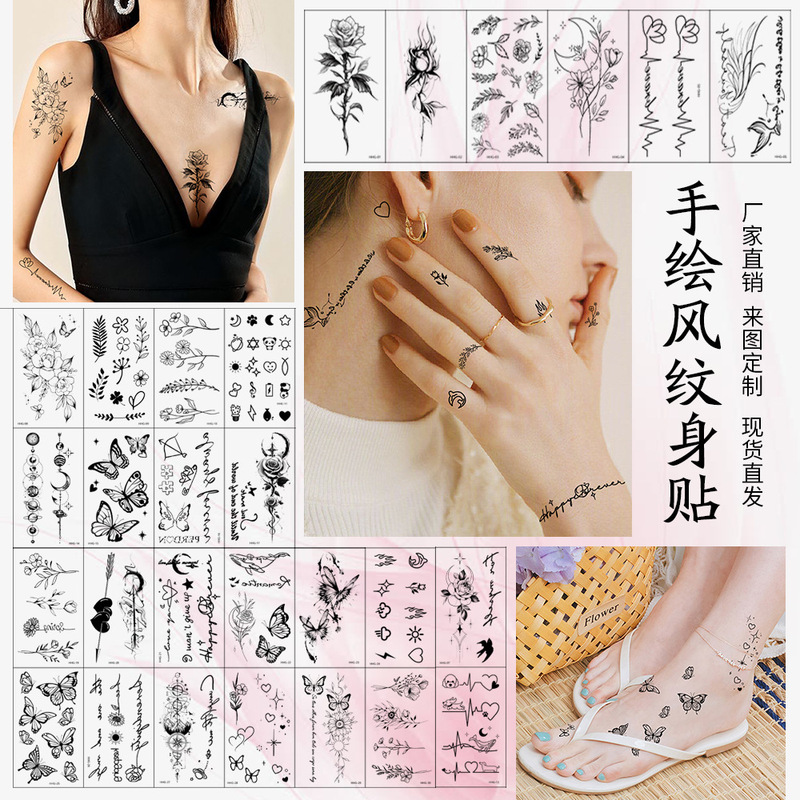 Wholesale small fresh tattoo stickers high sense ins tattoo flower eyebrow butterfly English stars face tattoo