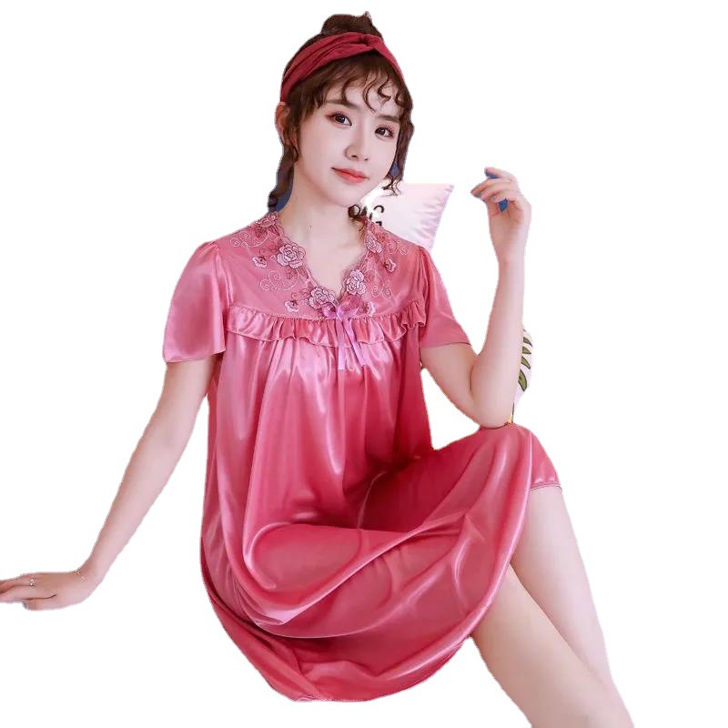 2023 camisón de seda de hielo de verano Vestido largo de mujer fina seda de hielo de mediana edad suave y cómodo pijamas ropa para el hogar al por mayor comercio exterior