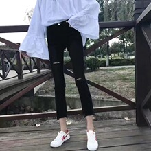 大码胖mm微喇叭牛仔裤女高腰梨形身材韩版直筒显瘦学生破洞九分裤