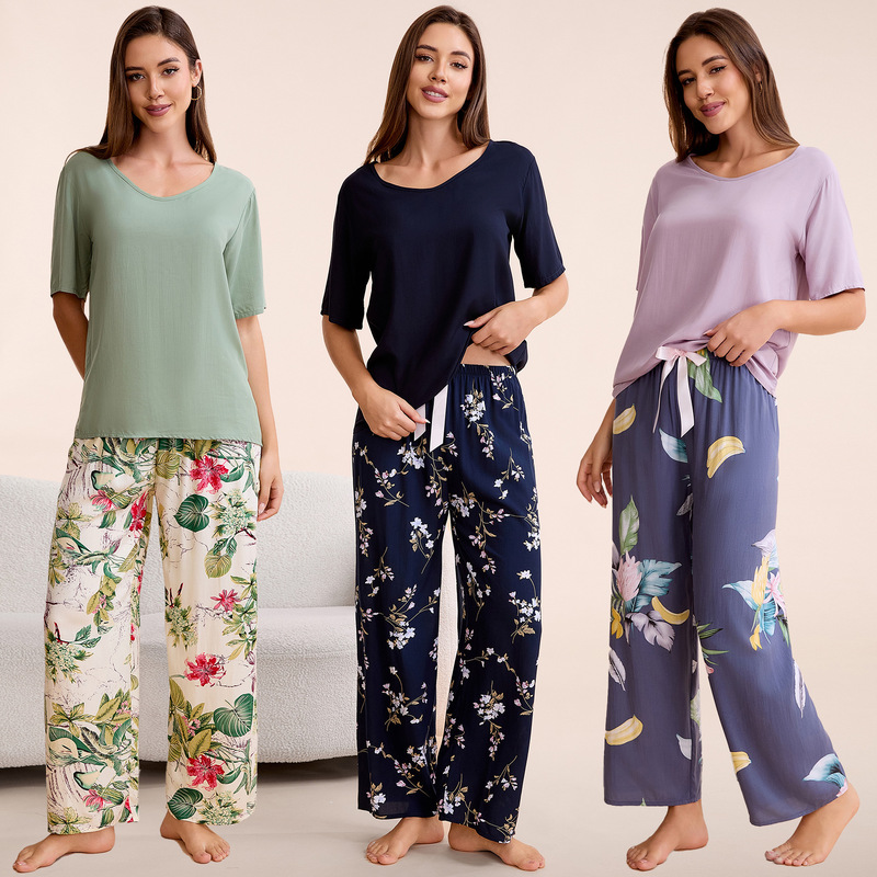 S-6XL plus size fat size women's pajamas cross-border explosions spring and summer cotton T-shirt wide leg pants two-piece cotton silk home clothes