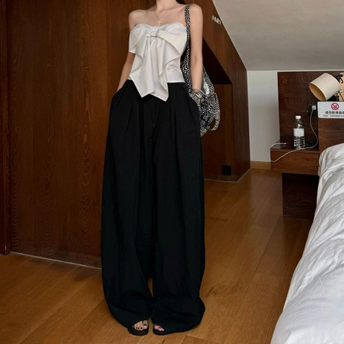 Elegant Style Set for Women - Uncommon Striped Bustier Blouse Top and High-Waisted Wide-Leg Casual Pants Two-Piece Set