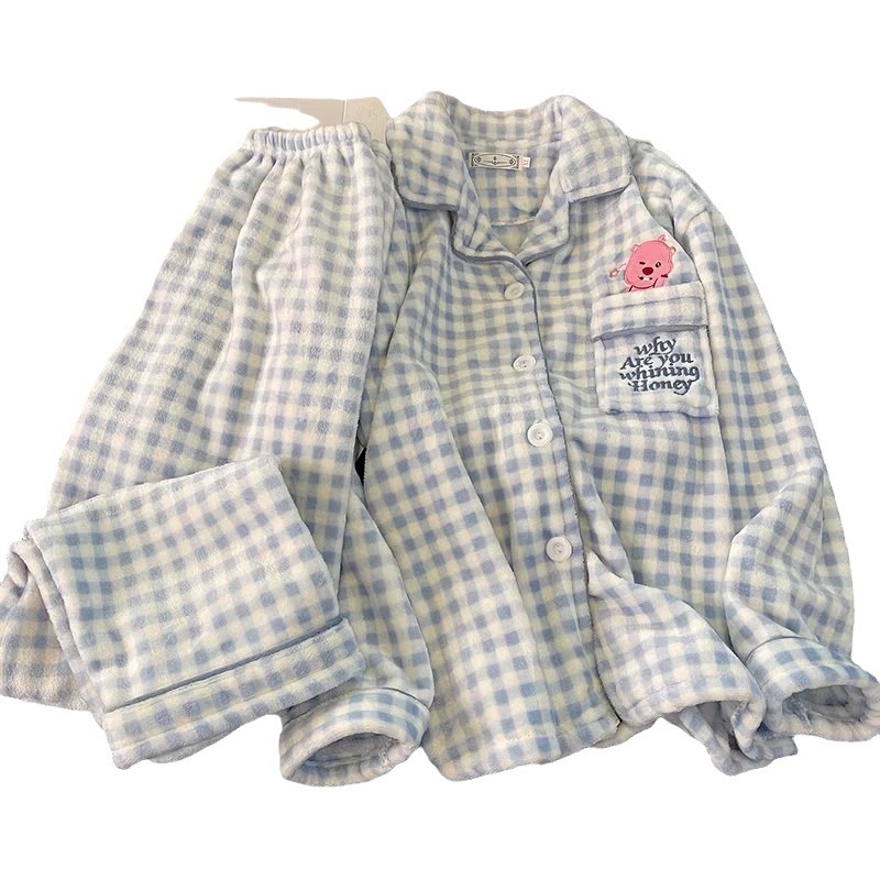 Caricatura coreana Beaver Loopy Ruby Plaid Coral Pijamas de lana de invierno de caño de franela set