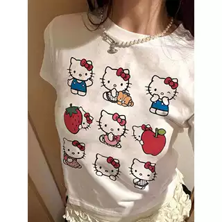 别致夏季短袖T恤女2026新款外贸短款露脐甜辣KT猫设计感白色上衣