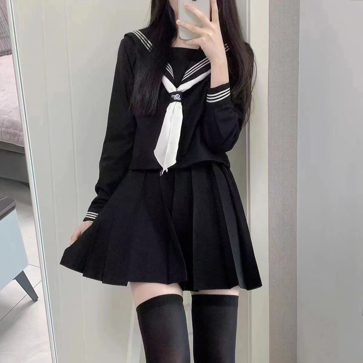 日系校供感黑三本水手服中间服正统JK 制服套装长袖短袖百褶裙班