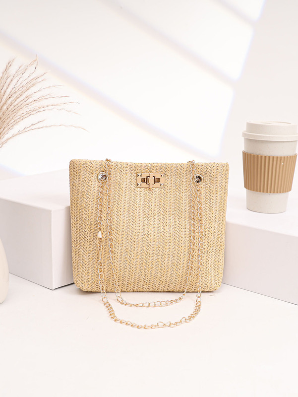 2025 Cross-Border Hot-Selling Straw Woven Crossbody Bag Korean Fashion Trend Straw Woven Lock Closure Simple Small Square Bag Straw Woven
