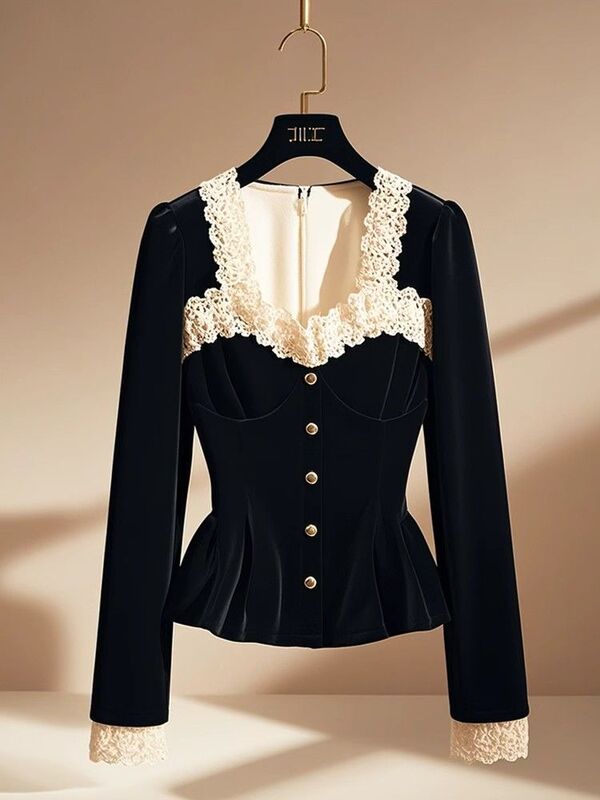 French-Style Elegant Square-Neck Lace Patchwork Velvet Long-Sleeve Shirt for Women, 2025 Autumn and Winter New Model