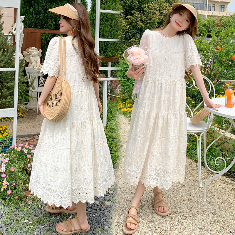 Pregnant women's summer dress, large size, embroidered knee-length skirt, loose short-sleeved top, summer long dress, summer skirt