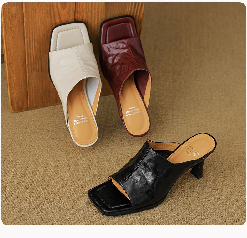 Sandal cao gót nữ hở mũi quai ngang da dê gót 7 cm kiểu Hàn Quốc — đen chi tiết 2