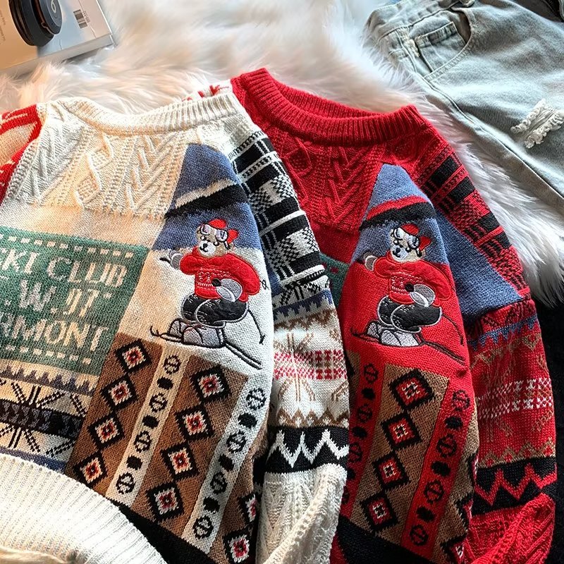 American Retro New Year Red Turtleneck Sweater Men's Autumn and Winter Bear Harajuku BF Wind Loose Lazy Knit Jacket American Retro New Year Red Turtleneck Sweater Men's Autumn and Winter Bear Harajuku BF Wind Loose Lazy Knit Jacket
