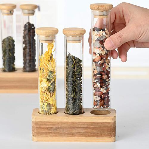 Vertical multifunctional sealed jar bar counter decoration coffee bean display rack wooden frame bamboo tray storage glass storage box