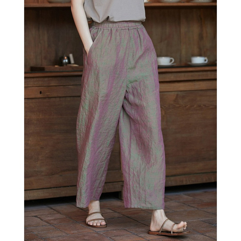 Pink Green Yarn-Dyed Han Linen Elastic Drawstring Waist Straight Casual Nine-Point Straight Pants