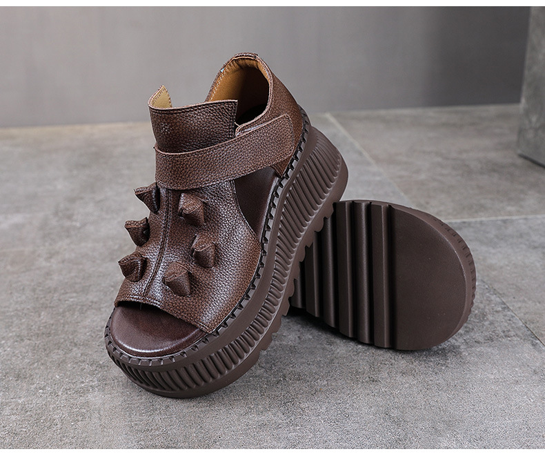 Sandal cao gót nữ hở mũi đế dày da bò thật phong cách La Mã — nâu chi tiết 14