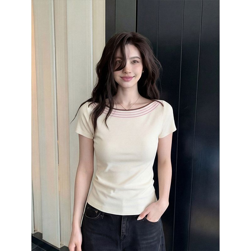 Off-Shoulder Striped Short-Sleeve T-Shirt for Women, Summer Slim Fit, Waist-Cinching, Slimming, Korean Style, Unique Design, Non-Repetitive Top Off-Shoulder Striped Short-Sleeve T-Shirt for Women, Summer Slim Fit, Waist-Cinching, Slimming, Korean Style, Unique Design, Non-Repetitive Top