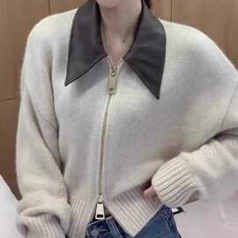欧货高级感polo领毛衣拼接拉链短款外套女秋冬季外穿气质针织开衫