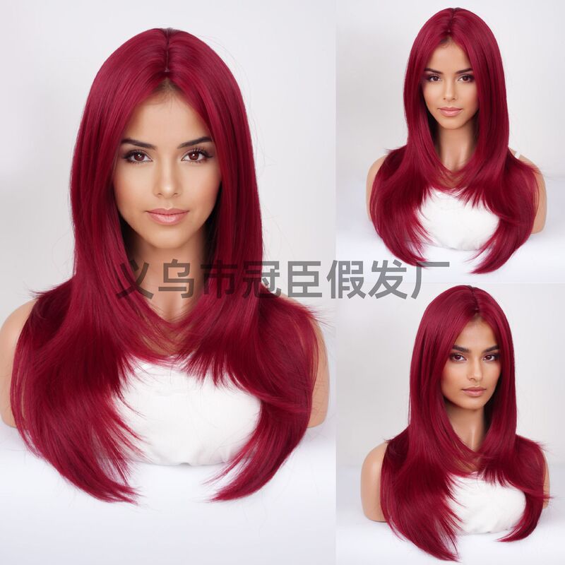 Cross-Border European and American Wigs for Women with High-Level Medium-Parted Burgundy Natural Medium-Length Straight Hair High-Quality Wigs Full Headgear