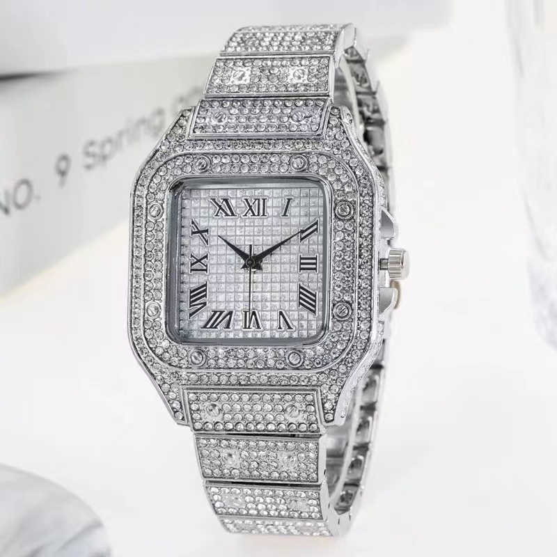 square watch starry steel belt Diamond-embedded men's Roman scale starry fashion quartz watch_voghion.com