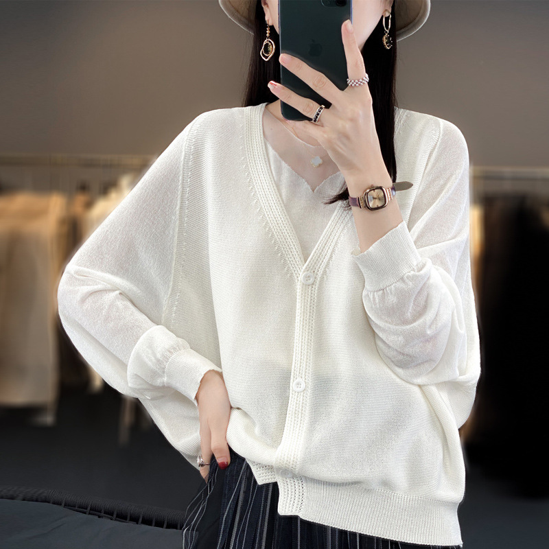 Women's Summer Knitted Ice Silk Cardigan, Thin, Loose, Versatile, Sun Protection Shirt, 2024 New Style, Solid Color V-Neck, Air Conditioning Shirt