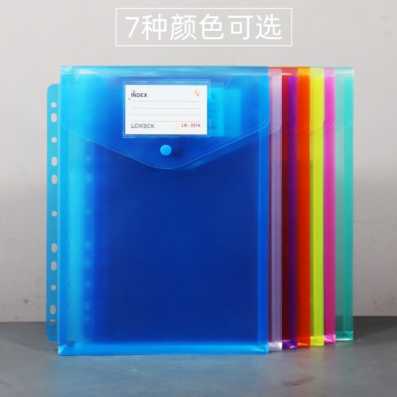 Amazon creativo transparente A4 bolsa de archivos de hojas sueltas Botón de 11 agujeros bolsa de información tridimensional de gran capacidad tapa de archivo