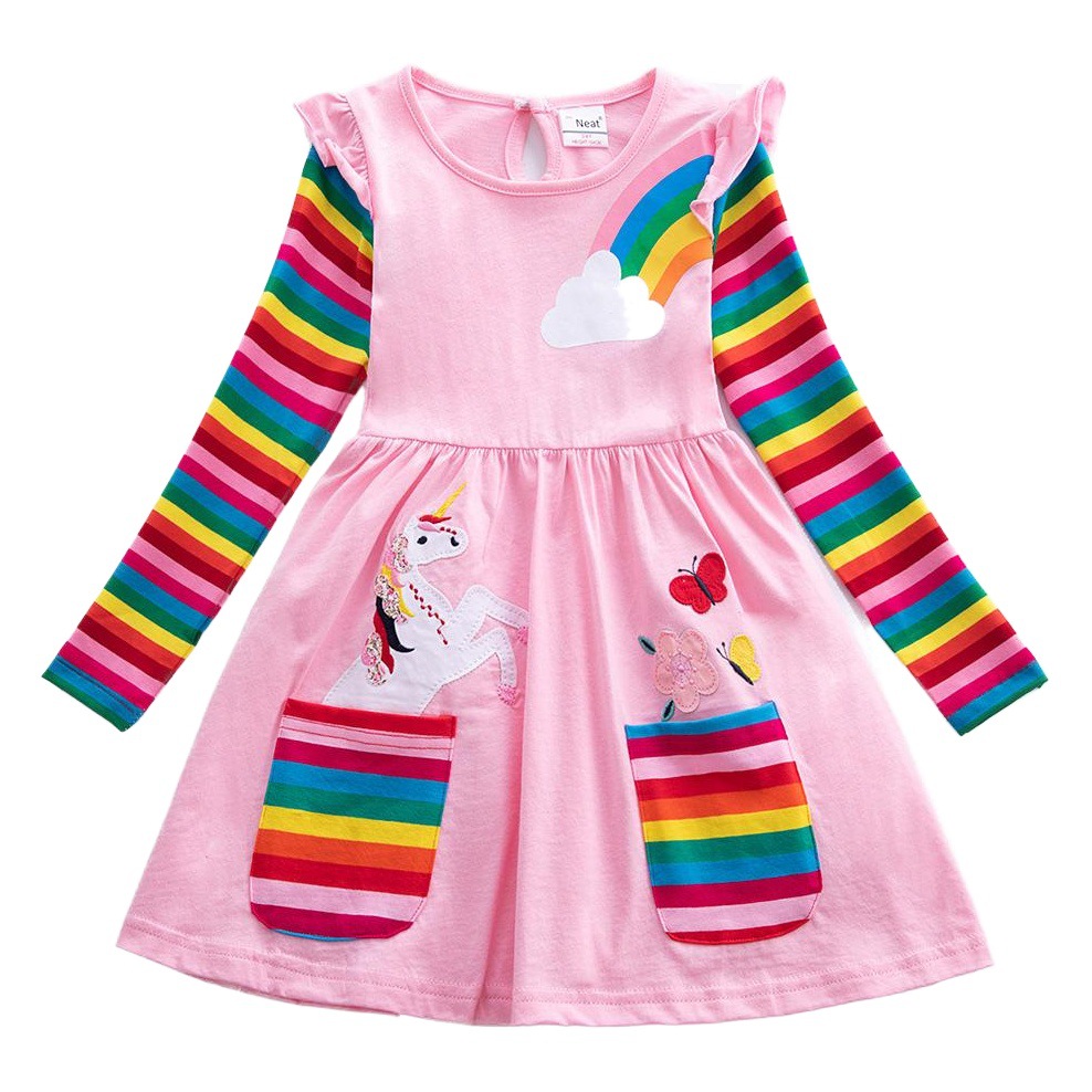 Vestido de unicornio de manga larga para niña de estilo europeo y americano, bordado de primavera y otoño, dos bolsillos, mangas arcoíris LH81035