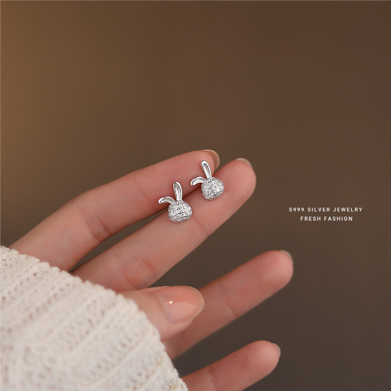 999 silver micro inlaid zircon rabbit earrings with cute and fresh temperament, featuring a niche girlish feel_voghion.com