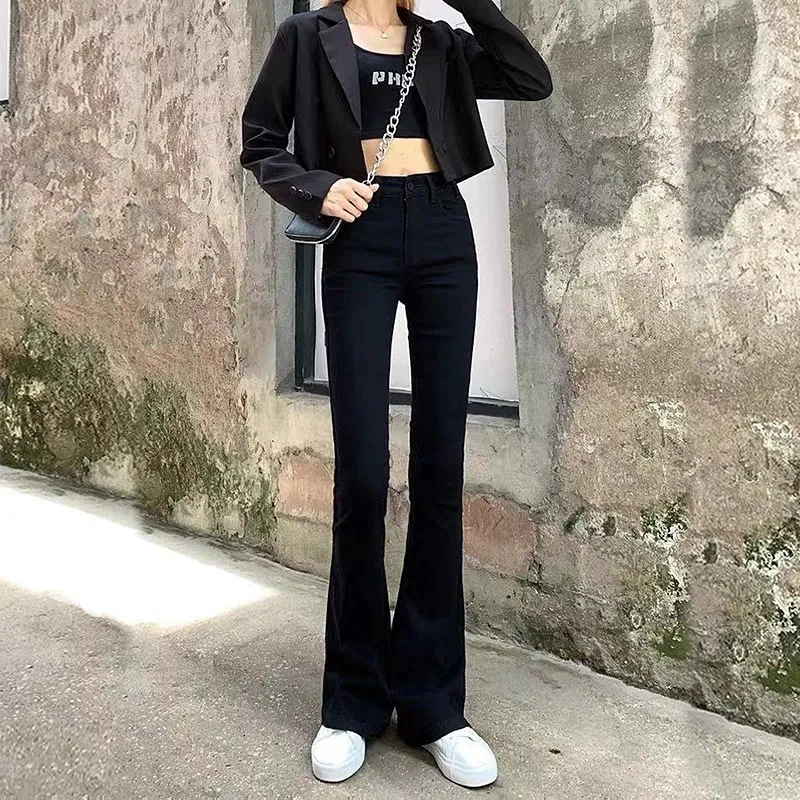 Черные джинсы скинни Женская одежда в Корейском стиле Студенческая Осень Новые интернет-знаменитости с высокой талией стройнящие эластичные расклешенные длинные брюки