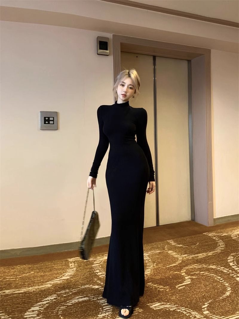 Spice Girl Shows Body Half Turtleneck Bottom Hip Dress Female Sexy Slim Burgundy Thin Fishtail Long Skirt_ecoleips.com