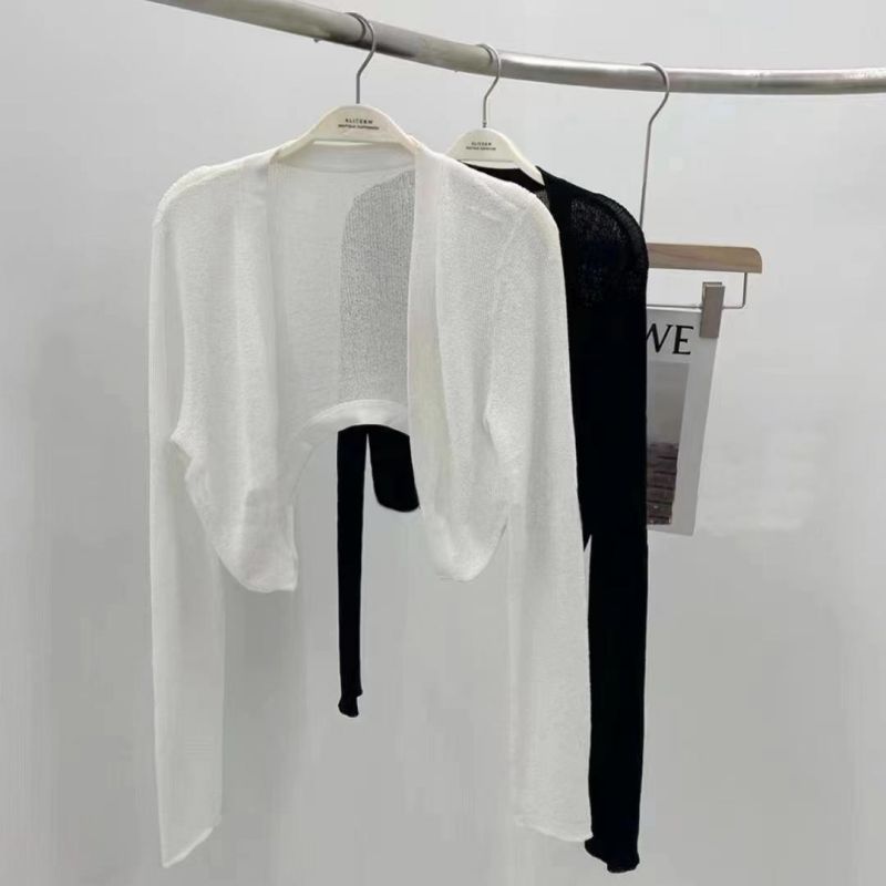 吊帶裙外搭短款防曬衣網紗薄款針織開衫上衣長袖罩衫外套氣質百搭